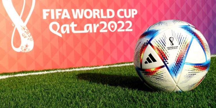 DOHA, QATAR - MARCH 30: al-Rihla, the official adidas matchball for the FIFA World Cup Qatar 2022 is pictured on March 30, 2022 in Doha, Qatar. (Photo by Alexander Hassenstein - FIFA/FIFA via Getty Images)