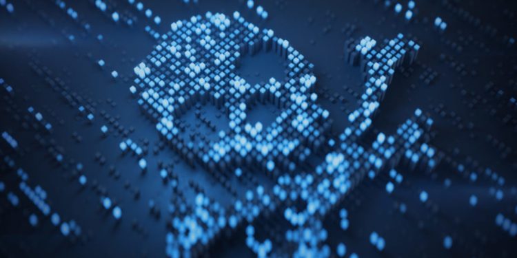 Blue digital Jolly Roger symbol. Internet scams or piracy concept. 3D rendering illustration with shallow depth of field